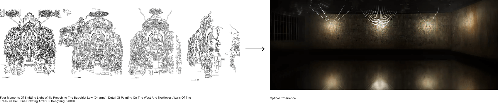 A before and after image showing how light beams drawn on the murals are brought to life by 3D
