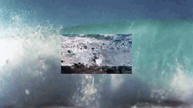 A gif featuring ocean waves and a glitched video of someone surfing.