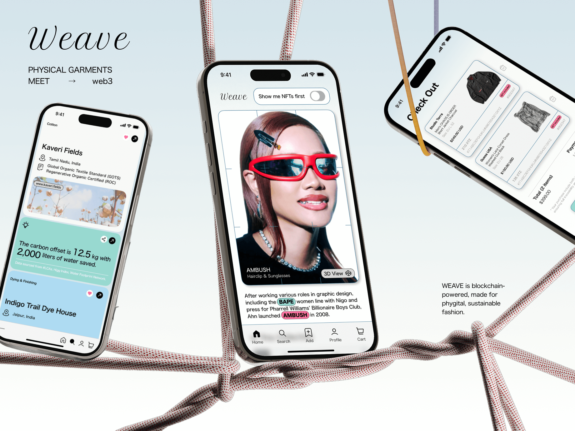 Weave app interface showing NFT fashion marketplace