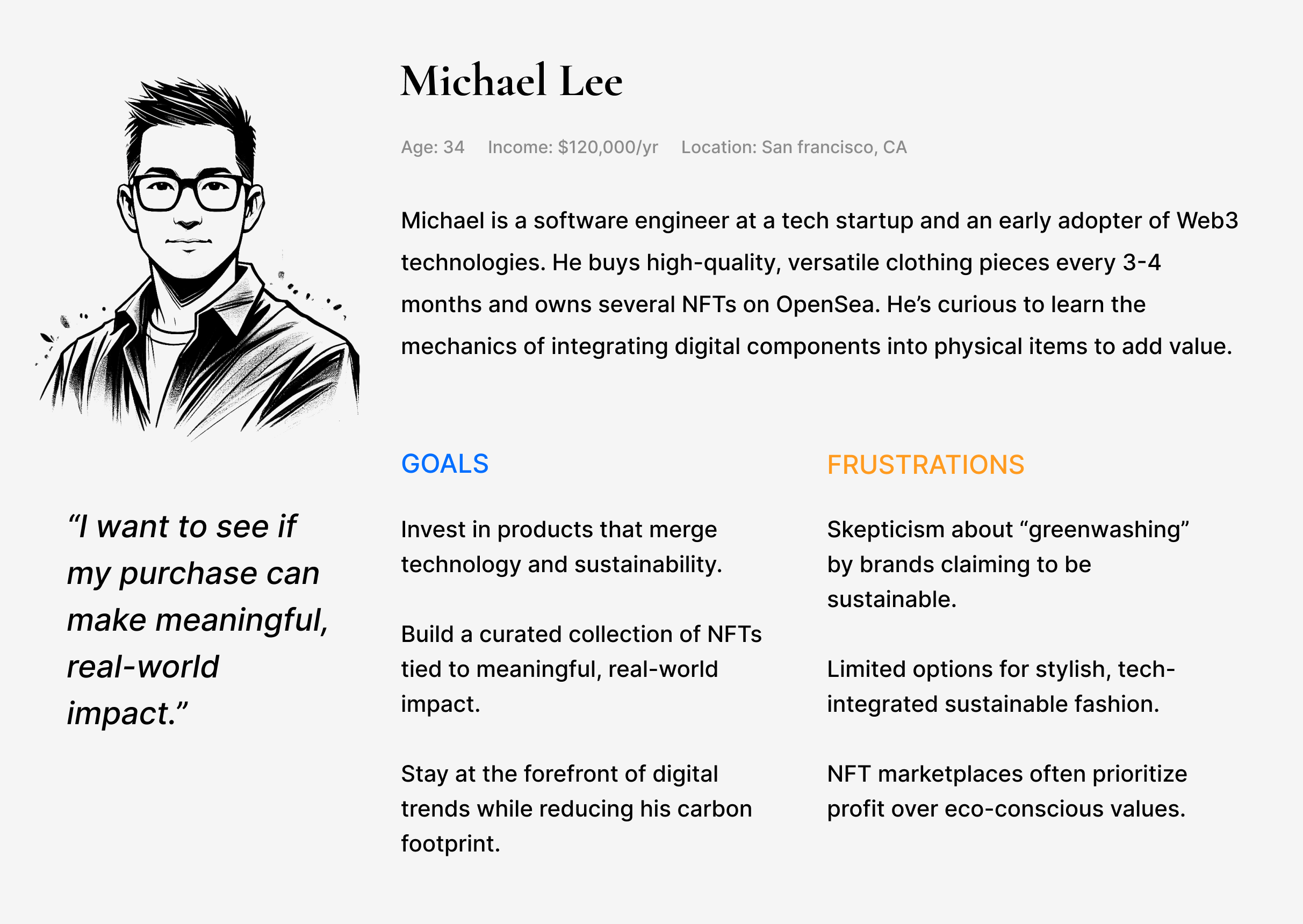 A persona featuring Michael's goals and frustrations.