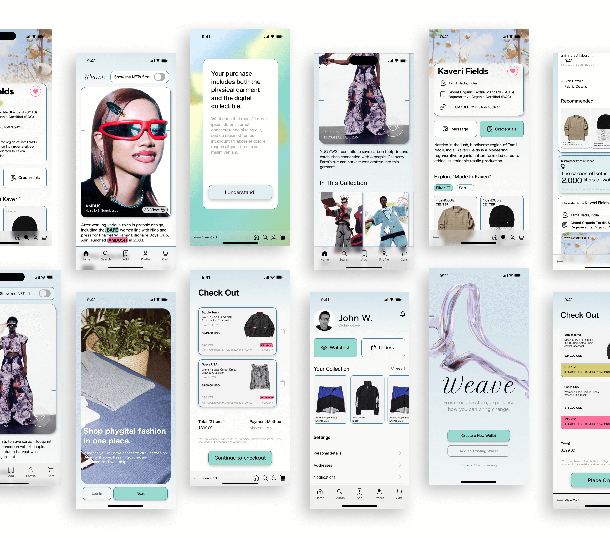 Weave app interface showing NFT fashion marketplace