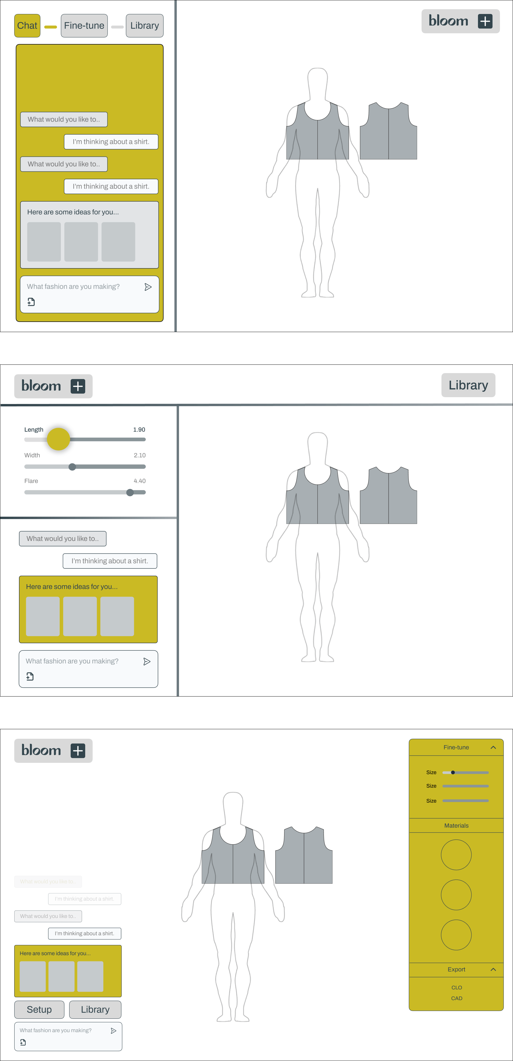 Wireframes of 3 layout congigurations.